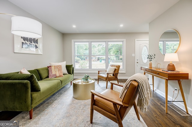 living room with dark wood-type flooring