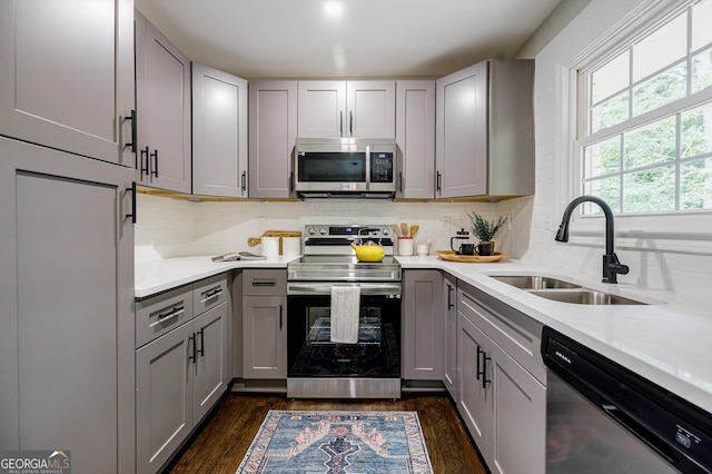 kitchen with sink, dark wood-type flooring, backsplash, gray cabinets, and appliances with stainless steel finishes