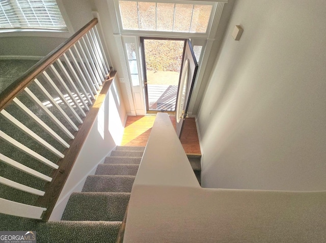 stairway with a wealth of natural light and hardwood / wood-style floors