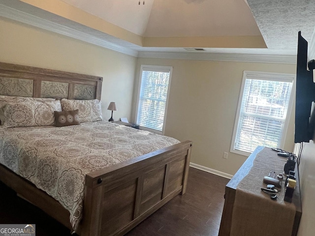 bedroom featuring a tray ceiling, multiple windows, and dark hardwood / wood-style floors