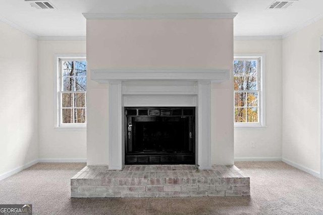 room details with crown molding, a fireplace, and carpet floors