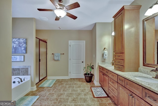 bathroom with vanity, separate shower and tub, and ceiling fan