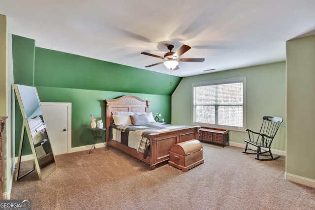 bedroom featuring light carpet, ceiling fan, and lofted ceiling