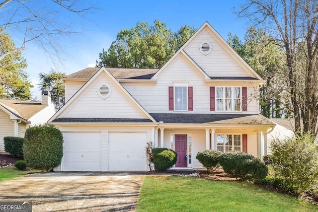 front facade featuring a garage and a front yard