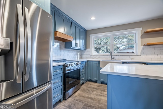 kitchen featuring custom exhaust hood, sink, decorative backsplash, blue cabinetry, and stainless steel appliances