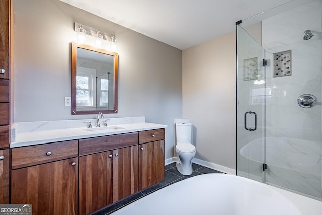 full bathroom with tile patterned floors, separate shower and tub, vanity, and toilet