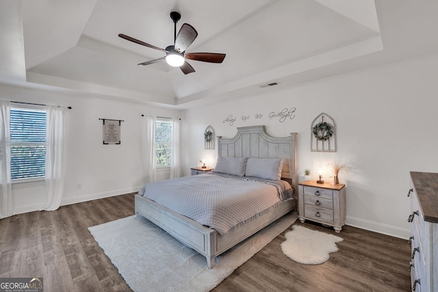 bedroom with a raised ceiling, multiple windows, and ceiling fan