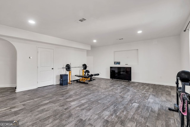 exercise room featuring wood-type flooring