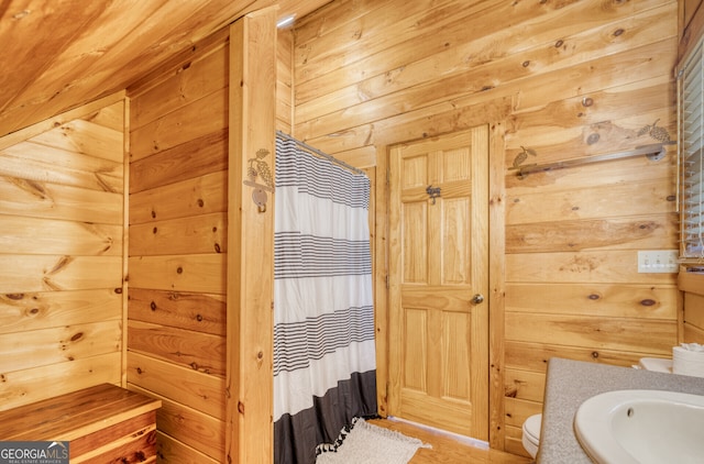 bathroom featuring wooden walls, vanity, and toilet