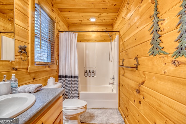 full bathroom with wooden walls, shower / bathtub combination with curtain, wooden ceiling, and toilet