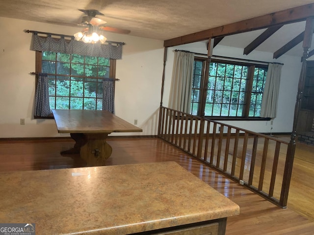 dining space with hardwood / wood-style floors, ceiling fan, vaulted ceiling with beams, and a textured ceiling