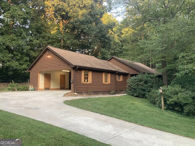 log-style house with a front yard