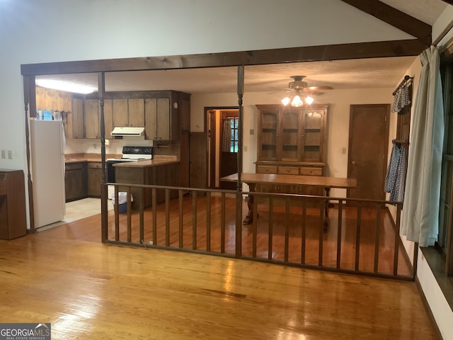 kitchen with ceiling fan, light hardwood / wood-style floors, white appliances, and kitchen peninsula