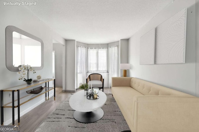 living room with hardwood / wood-style floors and a textured ceiling