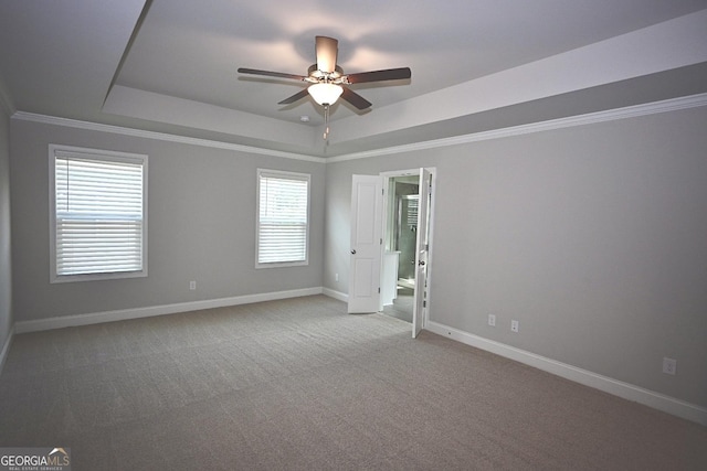 carpeted spare room with a raised ceiling, ceiling fan, and ornamental molding