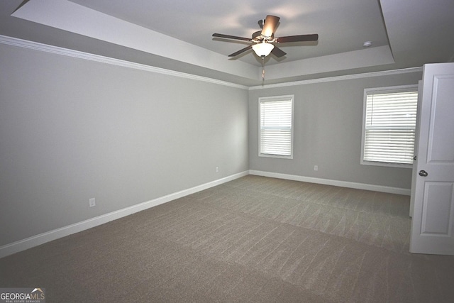 unfurnished room featuring carpet, ceiling fan, a raised ceiling, and crown molding