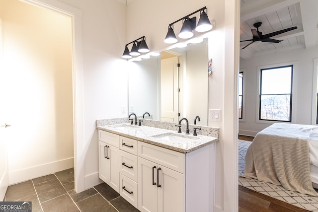 bathroom with ceiling fan, vanity, and wood ceiling