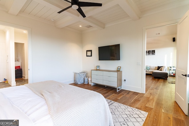 bedroom featuring beam ceiling, ceiling fan, hardwood / wood-style floors, and wood ceiling