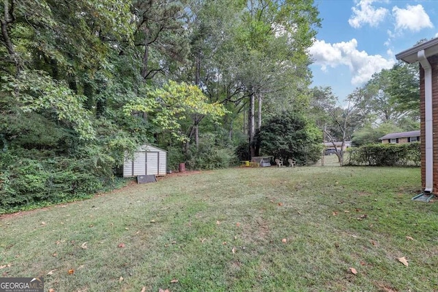 view of yard featuring a storage shed