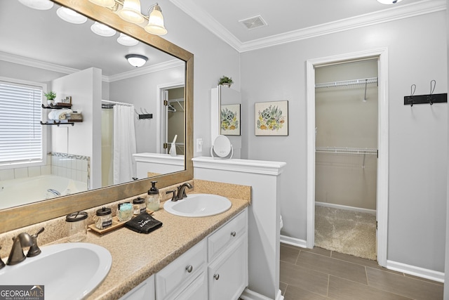 bathroom featuring separate shower and tub, crown molding, tile patterned floors, and vanity