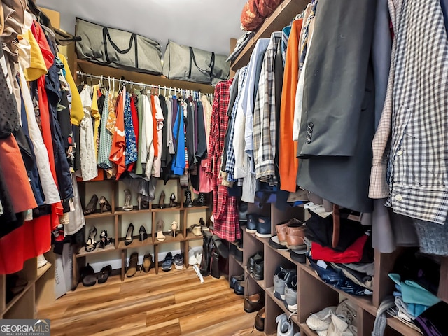 walk in closet with hardwood / wood-style floors