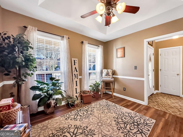 sitting room featuring a raised ceiling, ceiling fan, and hardwood / wood-style flooring