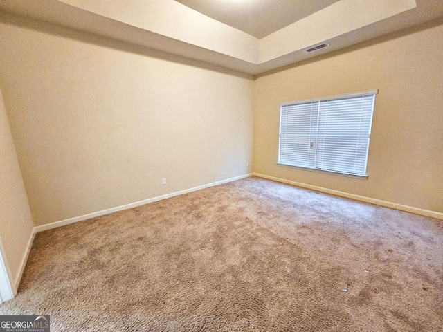 empty room with carpet floors and a tray ceiling