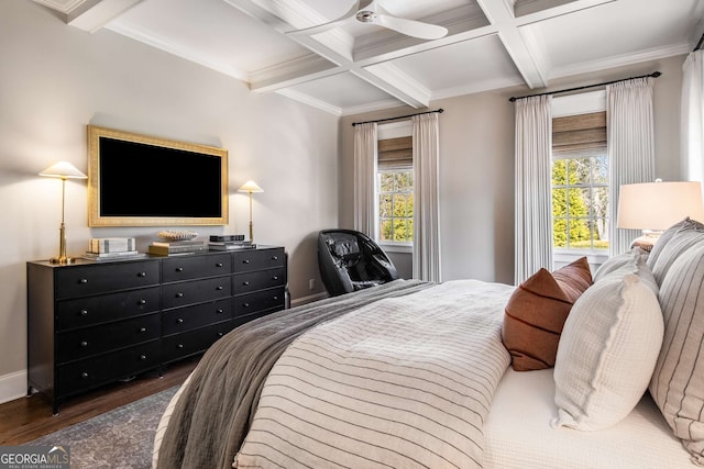 bedroom featuring multiple windows, dark hardwood / wood-style flooring, ceiling fan, beam ceiling, and coffered ceiling