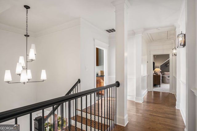 corridor featuring dark wood-type flooring and ornamental molding