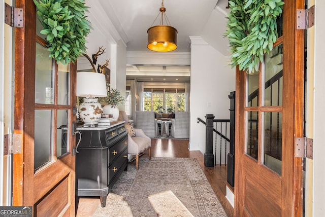 foyer entrance with crown molding and dark hardwood / wood-style floors