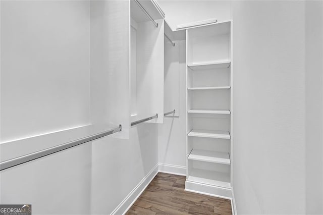 walk in closet with dark hardwood / wood-style floors