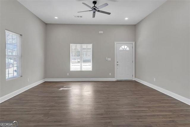 entrance foyer with ceiling fan and dark hardwood / wood-style floors