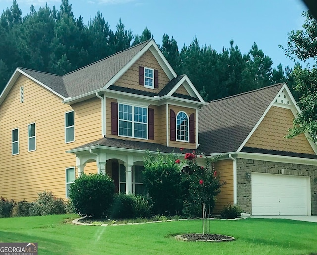 craftsman inspired home with a garage and a front yard