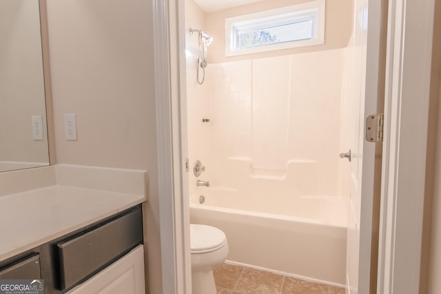 full bathroom featuring tile patterned flooring, vanity,  shower combination, and toilet