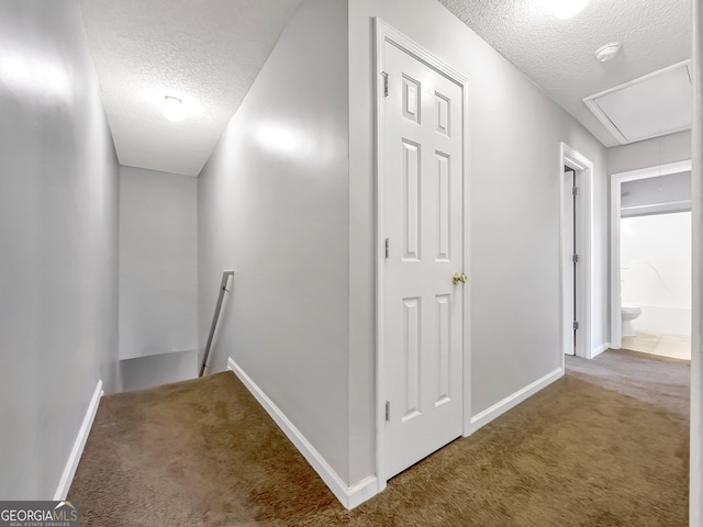 hall featuring carpet and a textured ceiling