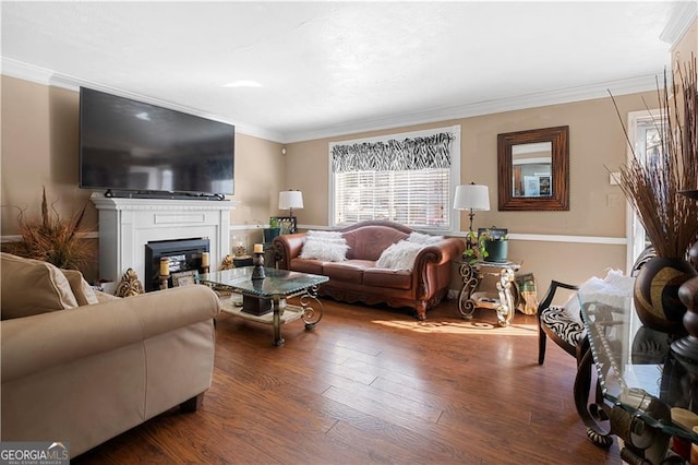 living room featuring crown molding and dark hardwood / wood-style floors