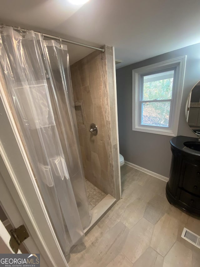 bathroom with vanity, toilet, and walk in shower