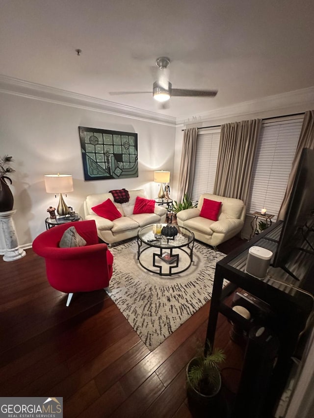 living room featuring hardwood / wood-style flooring, ceiling fan, and ornamental molding