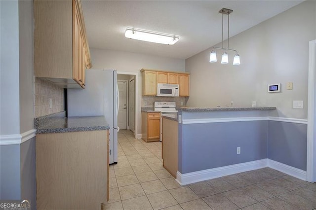 kitchen featuring decorative backsplash, decorative light fixtures, white appliances, and light brown cabinetry