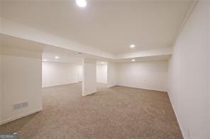 basement with dark carpet