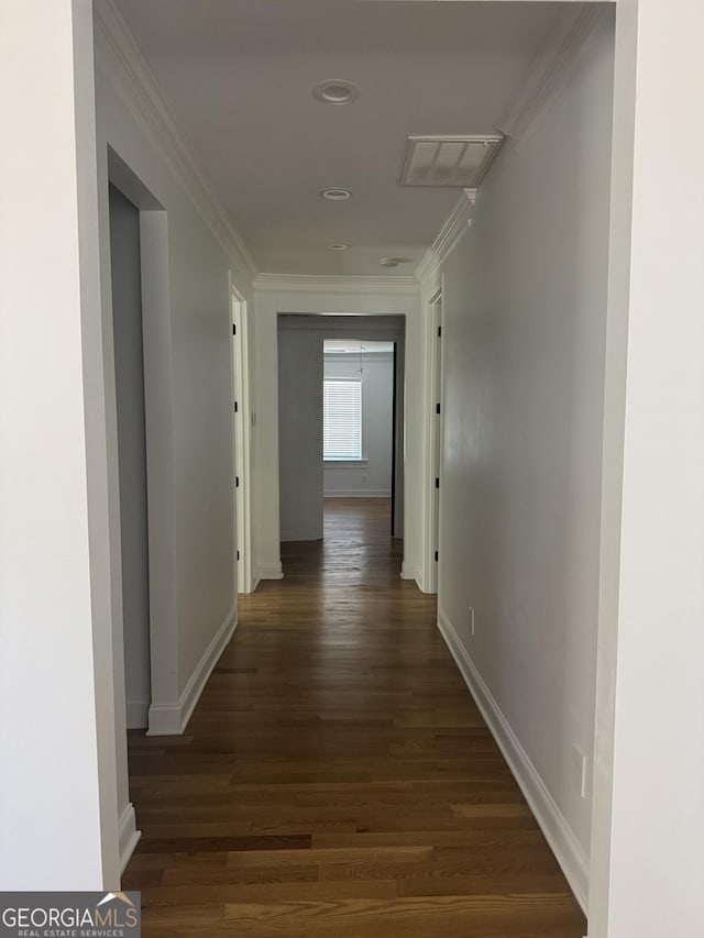 hall featuring crown molding and dark wood-type flooring