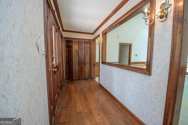 hallway featuring wood-type flooring and crown molding