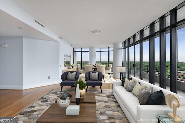 living room with a wall of windows, a wealth of natural light, and hardwood / wood-style flooring