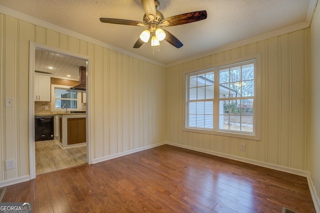 spare room with ornamental molding, a sink, a textured ceiling, ceiling fan, and light wood-type flooring