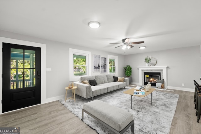 living room featuring ceiling fan and light hardwood / wood-style floors