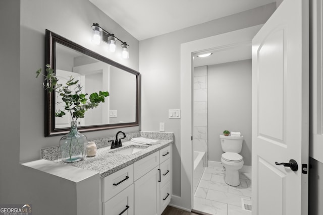 full bathroom with vanity, toilet, and shower / bathtub combination