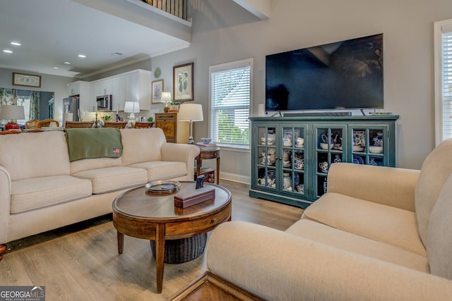 living area featuring crown molding, baseboards, wood finished floors, and recessed lighting