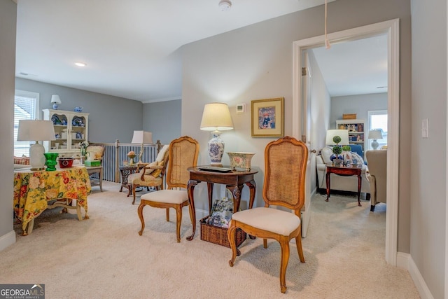 living area featuring carpet floors and baseboards