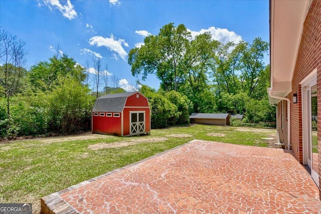 view of yard with a patio and a shed