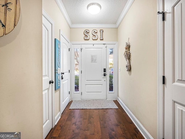 foyer featuring a textured ceiling, dark hardwood / wood-style flooring, and crown molding